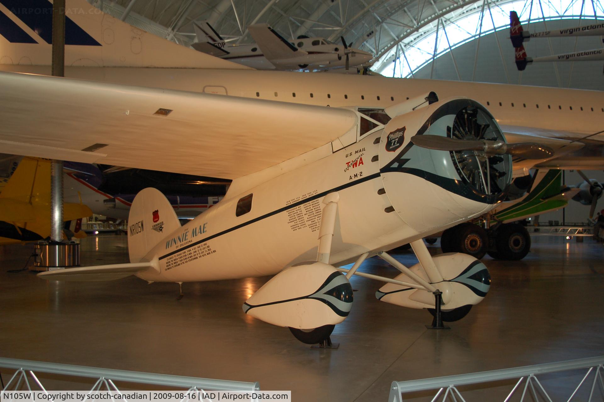 N105W, 1929 Lockheed Vega 5C C/N 72, 1929 Lockheed VEGA 5C at the Steven F. Udvar-Hazy Center, Smithsonian National Air and Space Museum, Chantilly, VA 