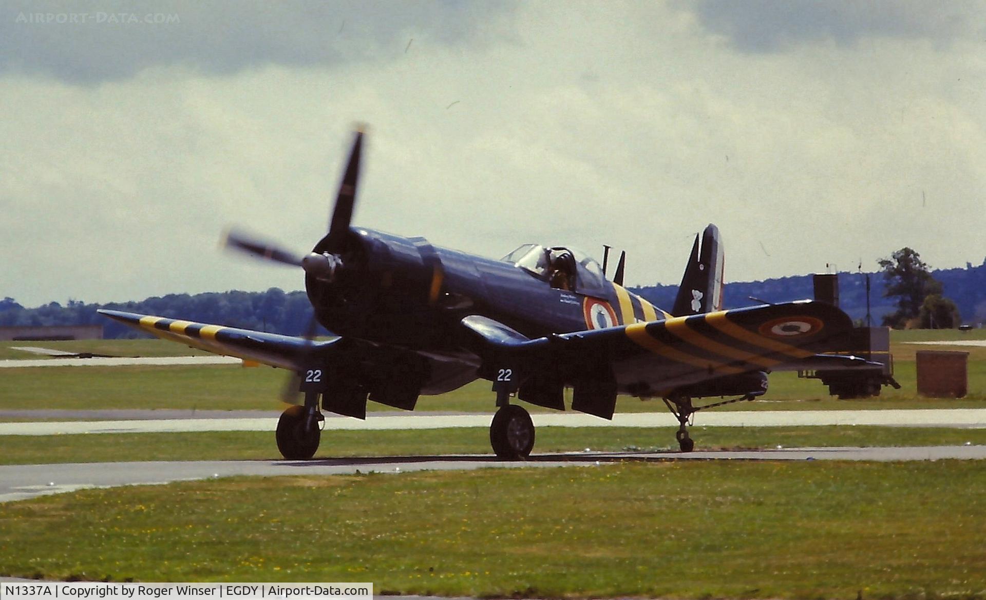 N1337A, 1952 Vought F4U-7 Corsair C/N 977, Marked NX1337A/133722 and coded 15F22. Representing a French Navy Corsair from 15 Flotille. Seen at a RNAS Yeovilton Naval Air Day in the 1980's.