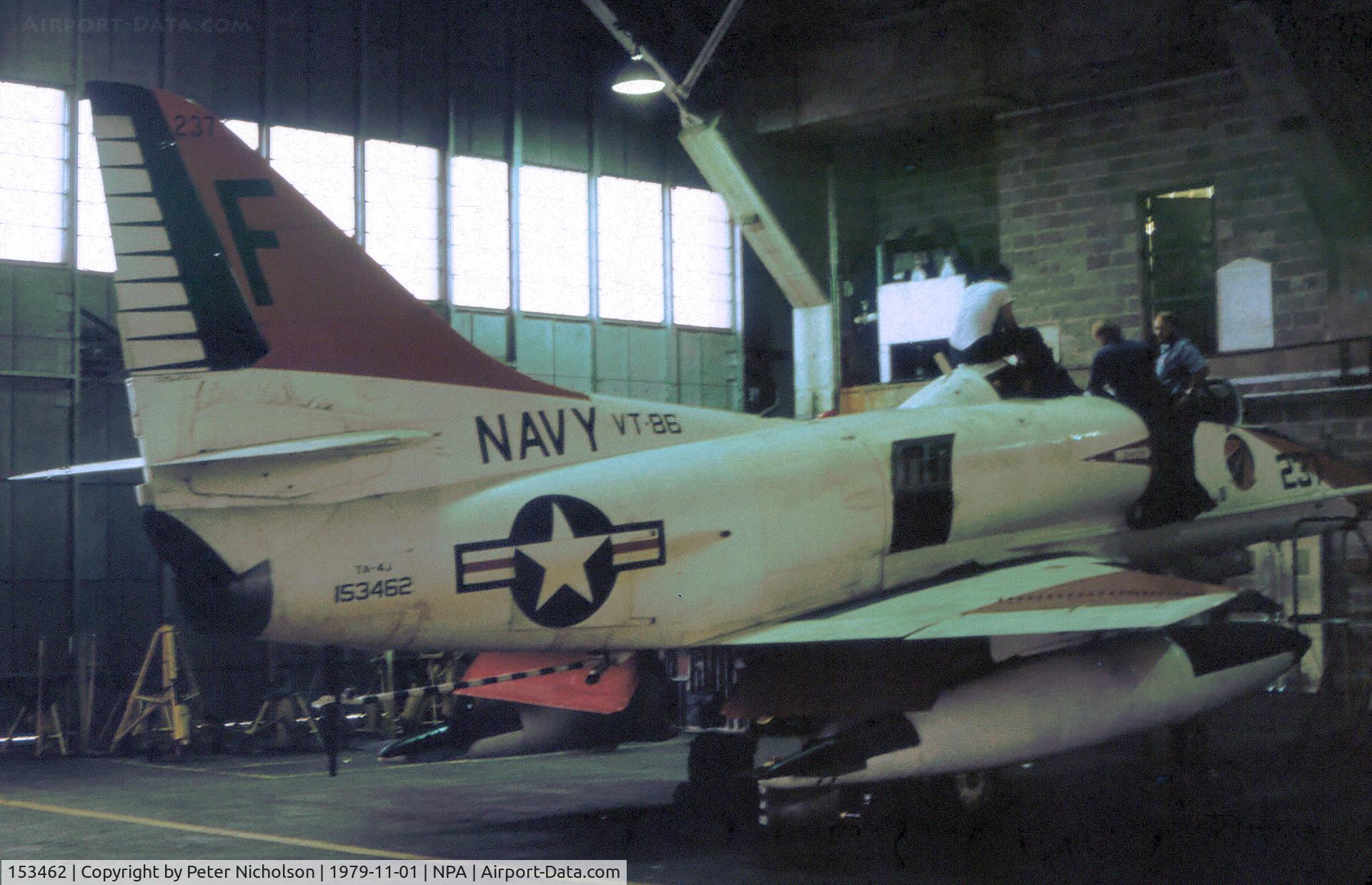 153462, Douglas TA-4J Skyhawk C/N 13528, TA-4J Skyhawk of Training Squadron VT-86 undergoing maintenance at NAS Pensacola in November 1979.