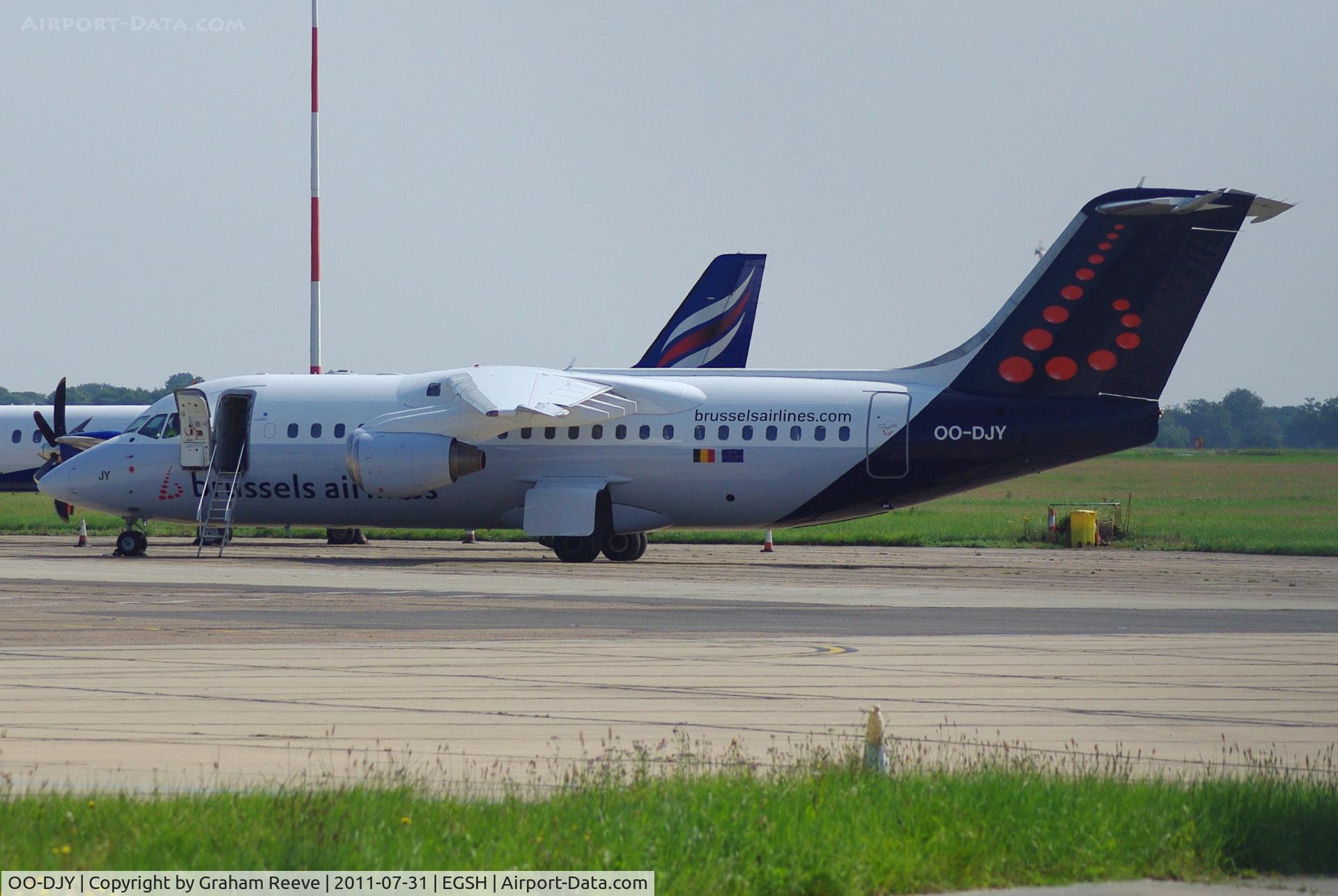 OO-DJY, 1997 British Aerospace Avro 146-RJ85 C/N E.2302, Parked at Norwich.