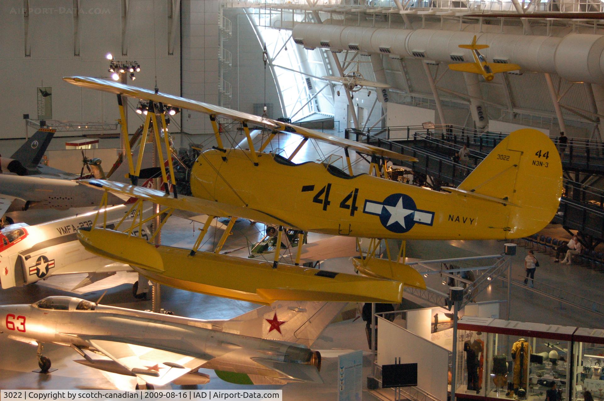 3022, 1941 Naval Aircraft Factory N3N-3 C/N Not found 3022, Naval Aircraft Factory N3N at the Steven F. Udvar-Hazy Center, Smithsonian National Air and Space Museum, Chantilly, VA