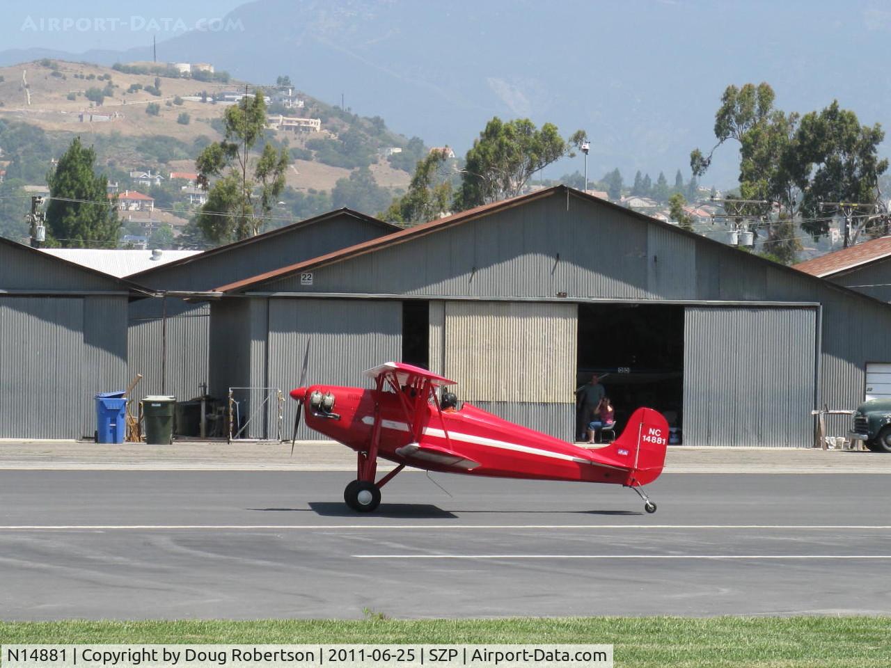 N14881, 1936 Rose Parrakeet A-1 C/N 105, 1936 Rose A-1 PARRAKEET, Continental C85 85 Hp, taxi off the active