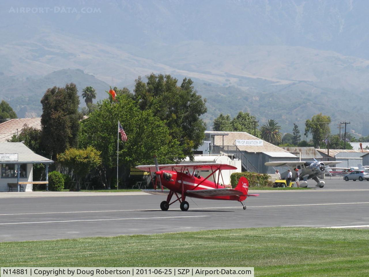 N14881, 1936 Rose Parrakeet A-1 C/N 105, 1936 Rose A-1 PARRAKEET, Continental C85 85 Hp, landing roll Rwy 22. Arriving to attend the 2011 National Bucker Fly-In. A rare limited production Standard class biplane.