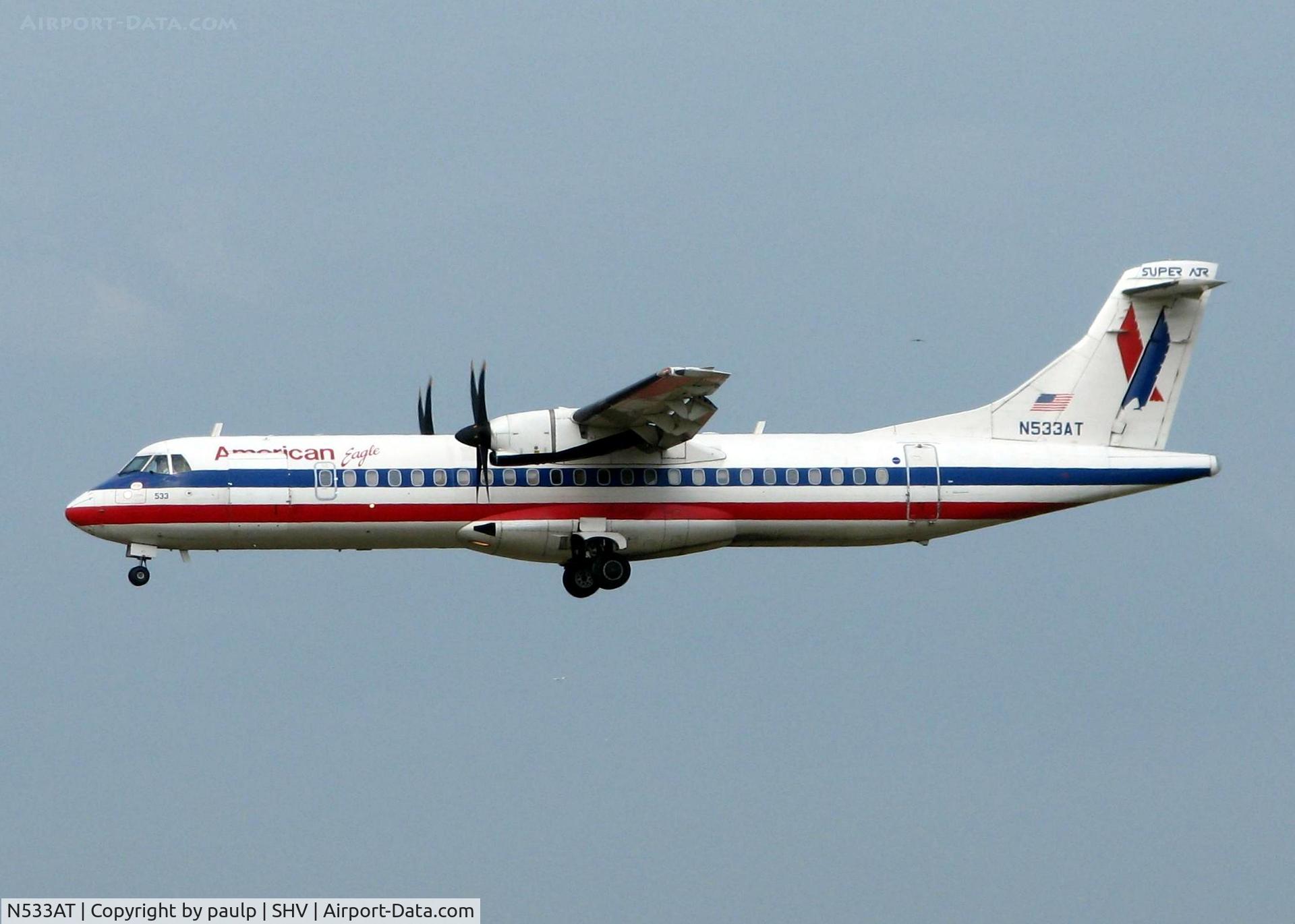 N533AT, 1997 ATR 72-212A C/N 533, Landing at Shreveport Regional.
