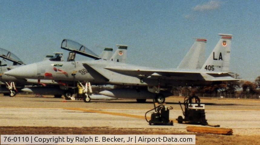 76-0110, 1976 McDonnell Douglas F-15A Eagle C/N 0314/A262, Not the clearest picture, but shows the old girl sporting the 405th TTW Flagship markings...sitting on the ramp at Carswell AFB, TX., 1987.