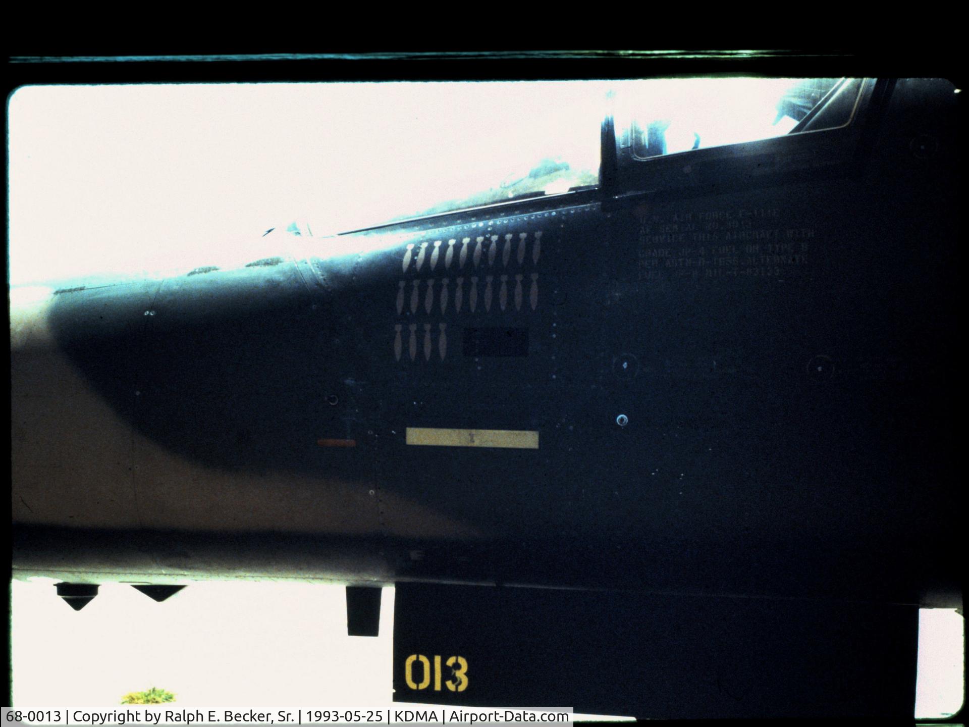 68-0013, 1968 General Dynamics F-111E Aardvark C/N A1-182, F-111E, Tail #68-013, of the 20th TFW, 79th TFS, bomb hashes from service in the Middle East.