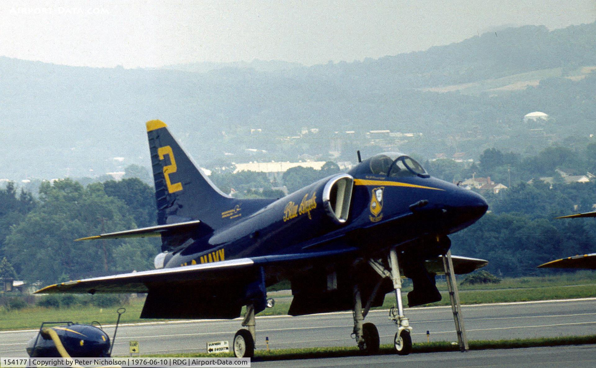 154177, Douglas A-4F Skyhawk C/N 13634, A-4F Skyhawk Blue Angels number 2 on the flight-line at the 1976 Reading Airshow.