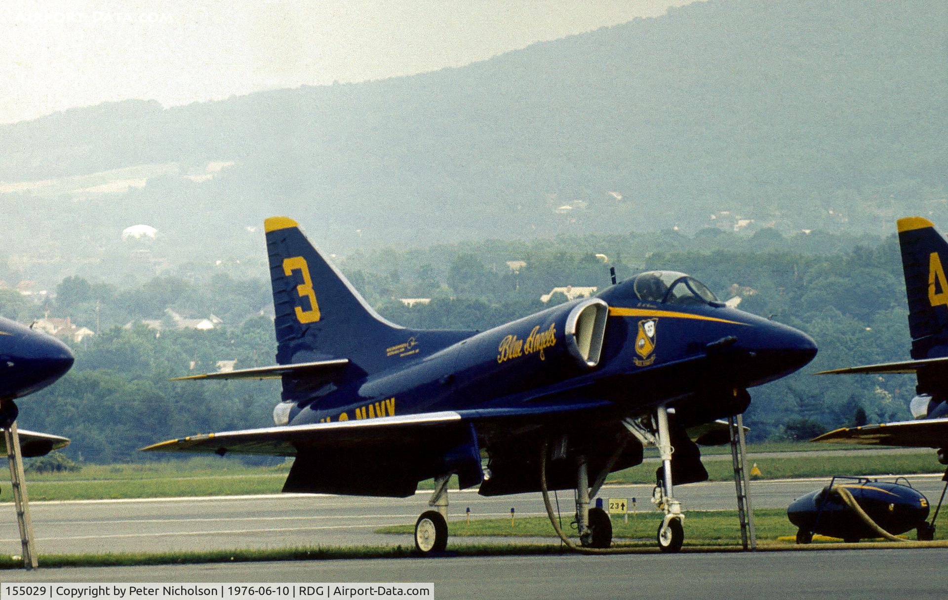 155029, Douglas A-4F Skyhawk C/N 13845, A-4F Skyhawk Blue Angels number 3 on the flight-line at the 1976 Reading Airshow.