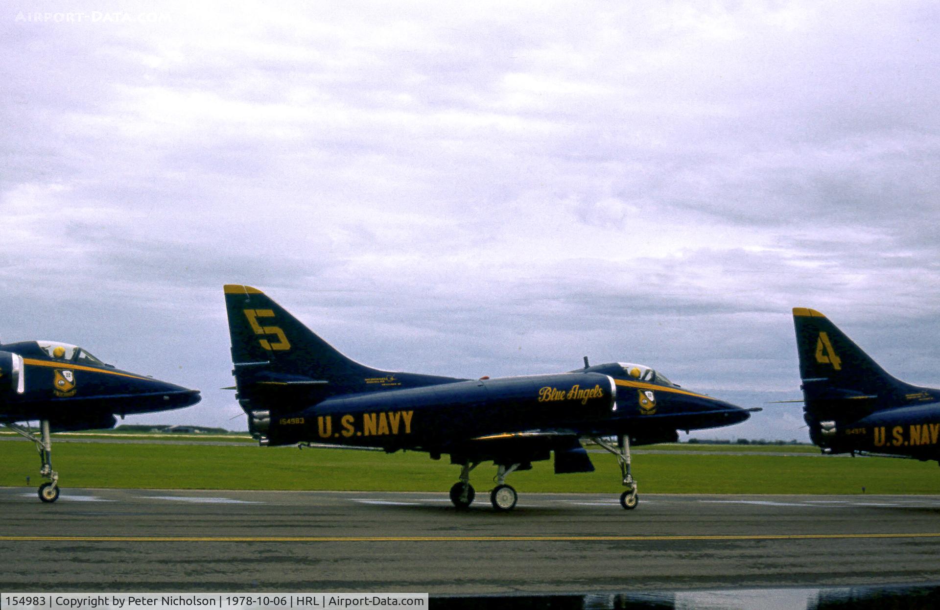 154983, Douglas A-4F Skyhawk C/N 13799, A-4F Skyhawk 154983 Blue Angel 5 taxying to the active runway at the 1978 Confederate Air Force's Harlingen Airshow.