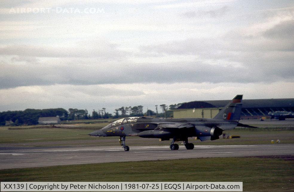XX139, 1973 Sepecat Jaguar T.2A C/N B.4, Jaguar T.2 of 226 Operational Conversion Unit taxying to Runway 23 at RAF Lossiemouth in the Summer of 1981.