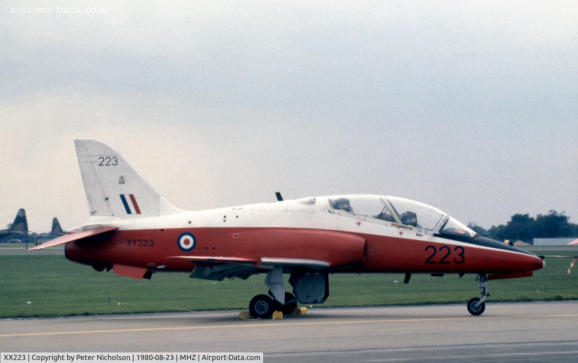 XX223, 1978 Hawker Siddeley Hawk T.1 C/N 059/312059, Hawk T.1 of 4 Flying Training School at RAF Valley on display at the 1980 RAF Mildenhall Air Fete.