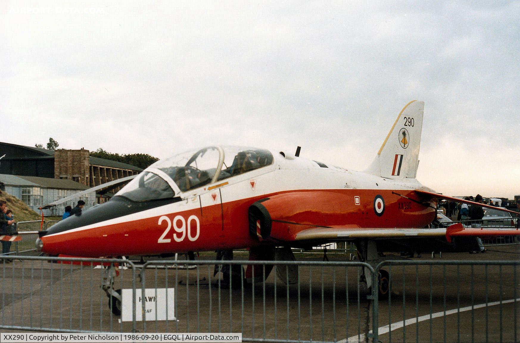 XX290, 1979 Hawker Siddeley Hawk T.1A C/N 116/312115, Hawk T.1 of 4 Flying Training School at RAF Valley on display at the 1986 RAF Leuchars Airshow.