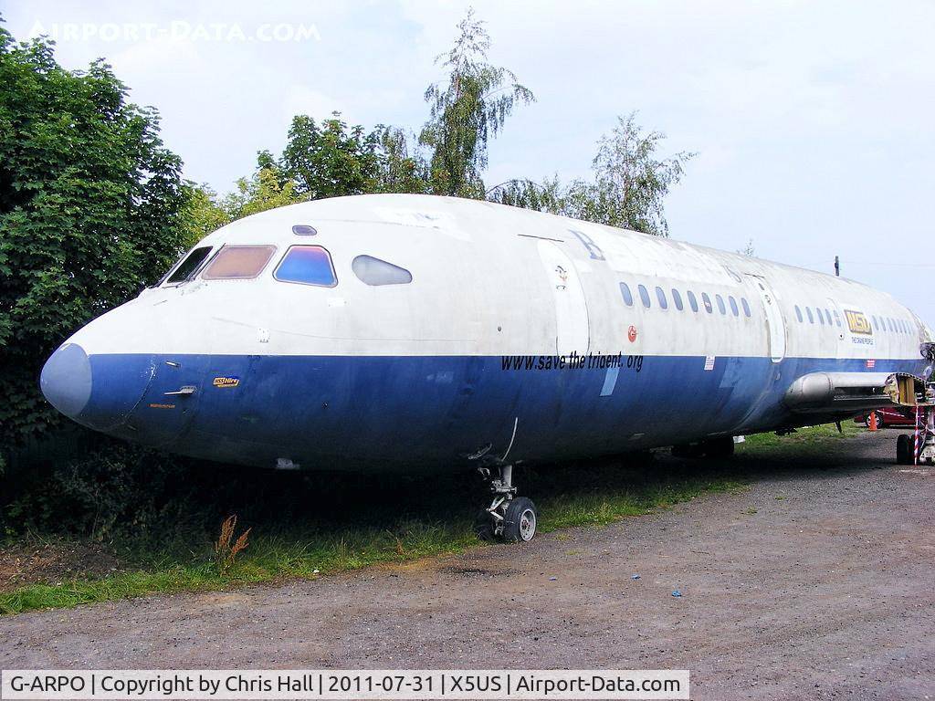 G-ARPO, 1965 Hawker Siddeley HS-121 Trident 1C C/N 2116, G-ARPO HS Trident 1C that had just arrived at the NEAM a few minutes before we did. It was transported on a low-loader from the International Fire Training Centre at Teeside Airport. Full details of the movecan be seen at http://www.savethetrident.org