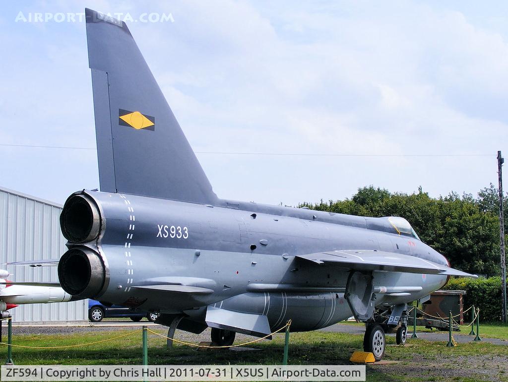 ZF594, English Electric Lightning F.53 C/N 95303, ex Saudi AF (53-696) painted to represent XS933 EE Lightning F.6 of No. 11 Squadron, displayed at the North East Aircraft Museum, Unsworth