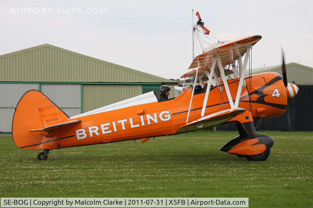 SE-BOG, 1942 Boeing N2S-3 Kaydet (B75N1) C/N 75-7128, Ex Swedish Stearman N2S-3 Kaydet taxies out after a refuelling stop following a wing walking appearance at the 2011 Sunderland Airshow - Fishburn Airfield, July 2011.