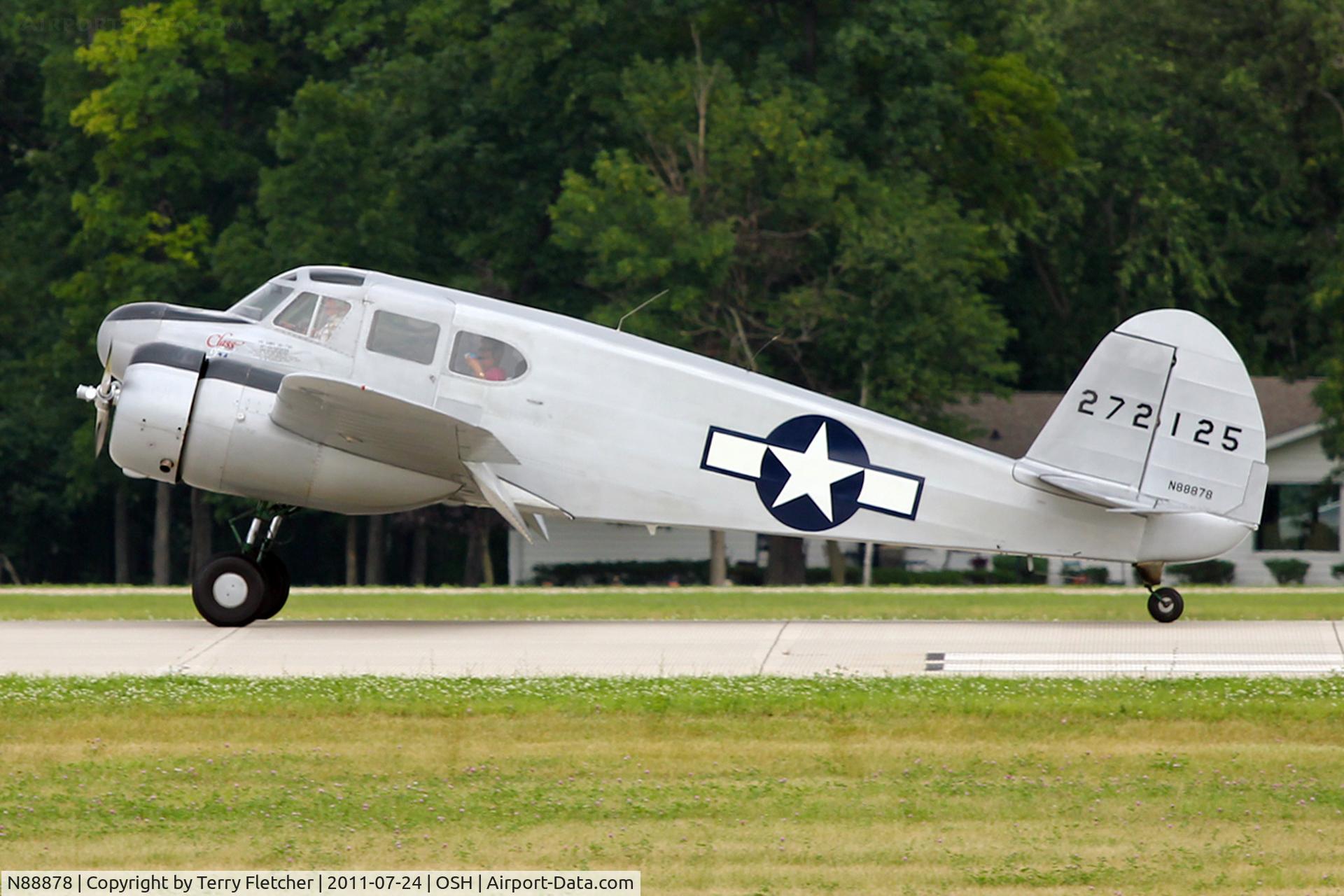 N88878, 1943 Cessna UC-78C (T-50) Bobcat C/N 4121, 1943 Cessna T-50, c/n: 4121 , ex 42-72125 arriving at 2011 Oshkosh