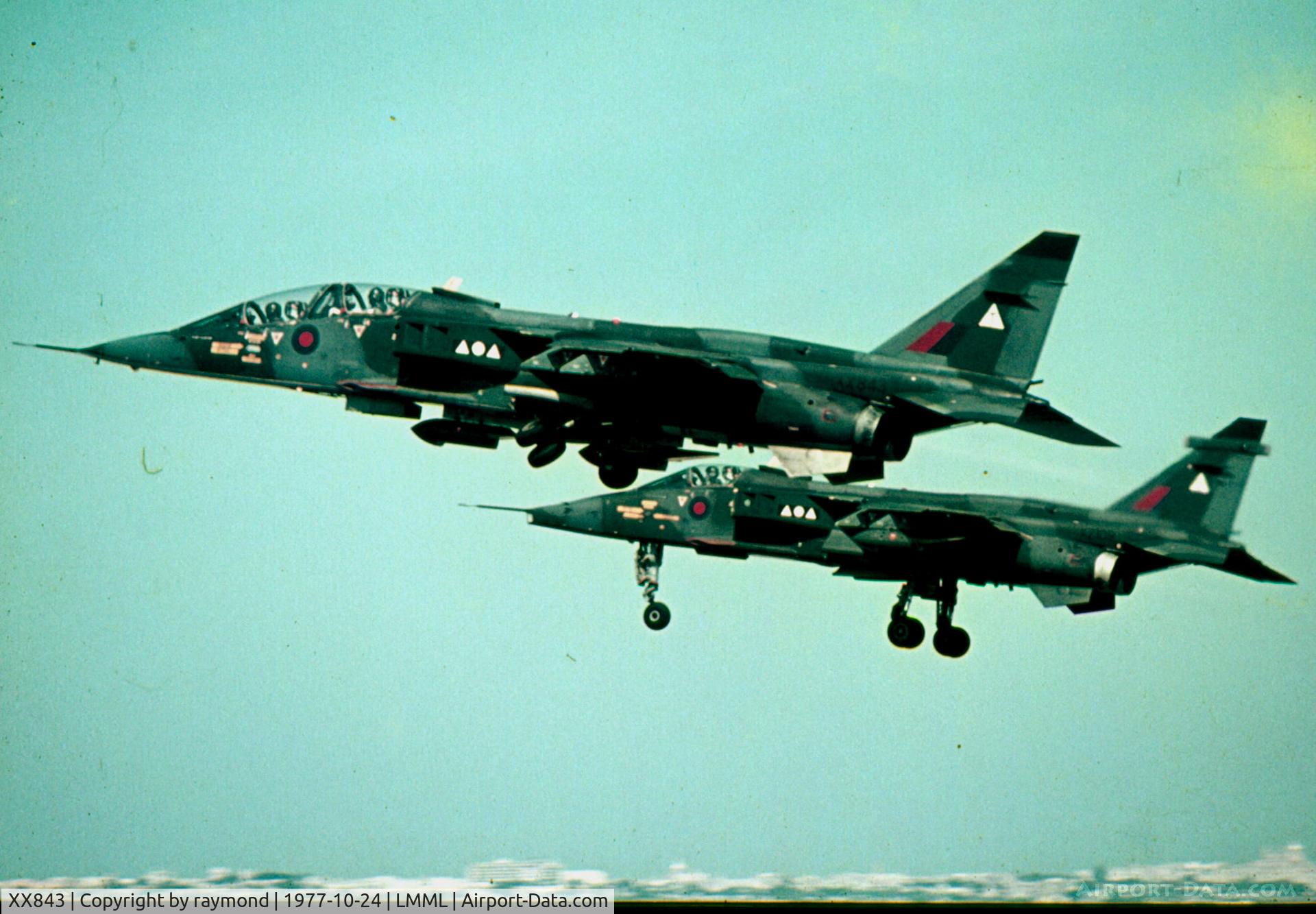 XX843, 1975 Sepecat Jaguar T.2A C/N B.31, Jaguars XX843/T and XZ109/O of 2Sqdn RAF departing Malta in a double take-off from Runway24.