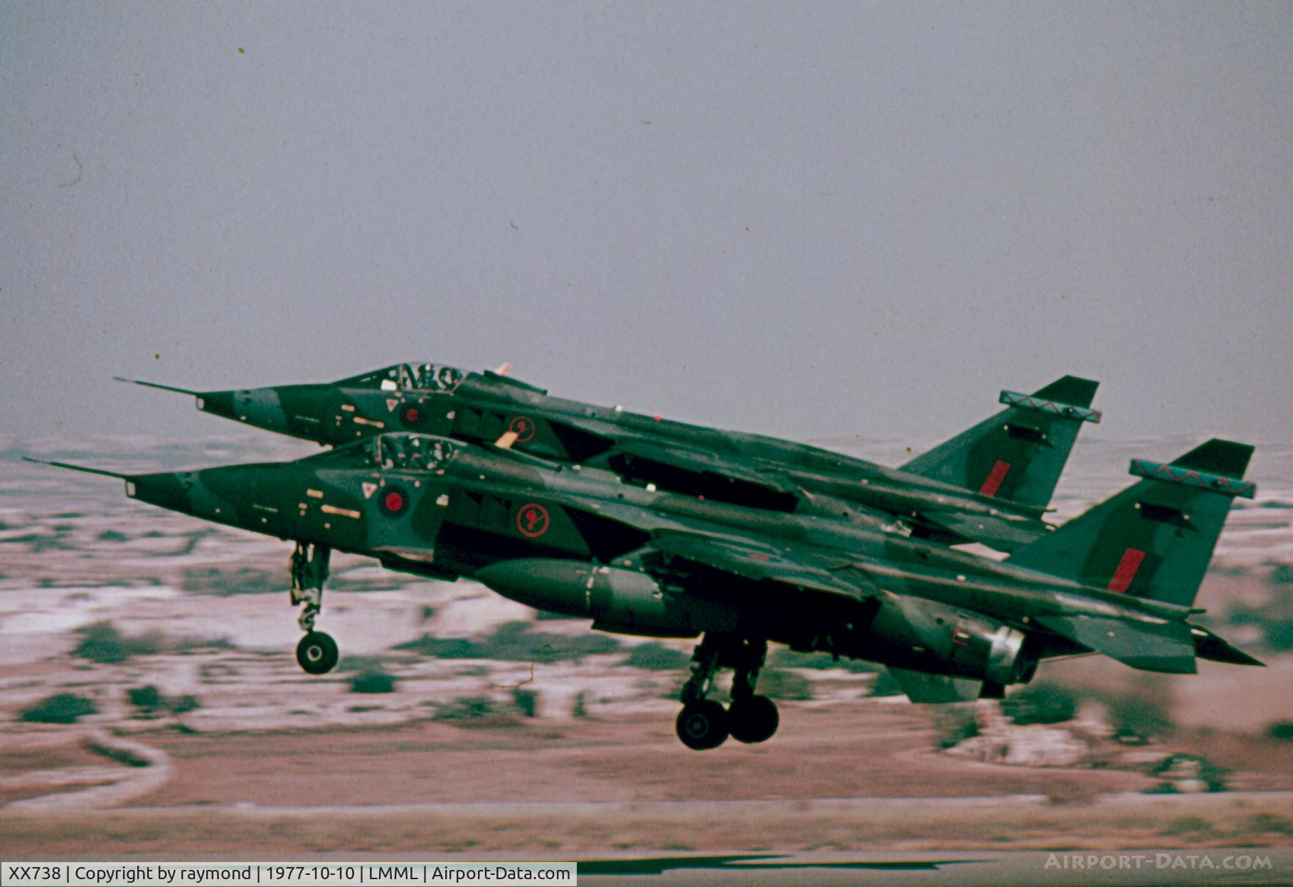 XX738, 1974 Sepecat Jaguar GR.1 C/N S.35, A pair of Jaguars GR3s XX738 and XX742 of 6Squadron RAF seen here on departure from Malta.