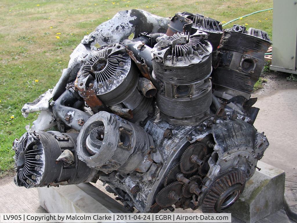 LV905, Handley Page HP-61 Halifax III C/N Not found LV905, An engine recovered from a WW2 crash site in 2003 at Bergse Maas, Holland. A Halifax from 75 Sqn RAF crashed 1944-05-24 with the loss of all on board.