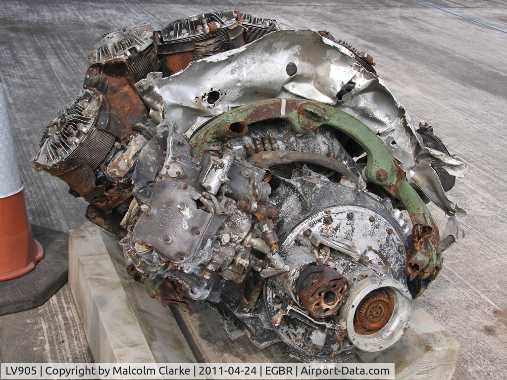 LV905, Handley Page HP-61 Halifax III C/N Not found LV905, An engine recovered from a WW2 crash site in 2003 at Bergse Maas, Holland. A Halifax from 75 Sqn RAF crashed 1944-05-24 with the loss of all on board.
