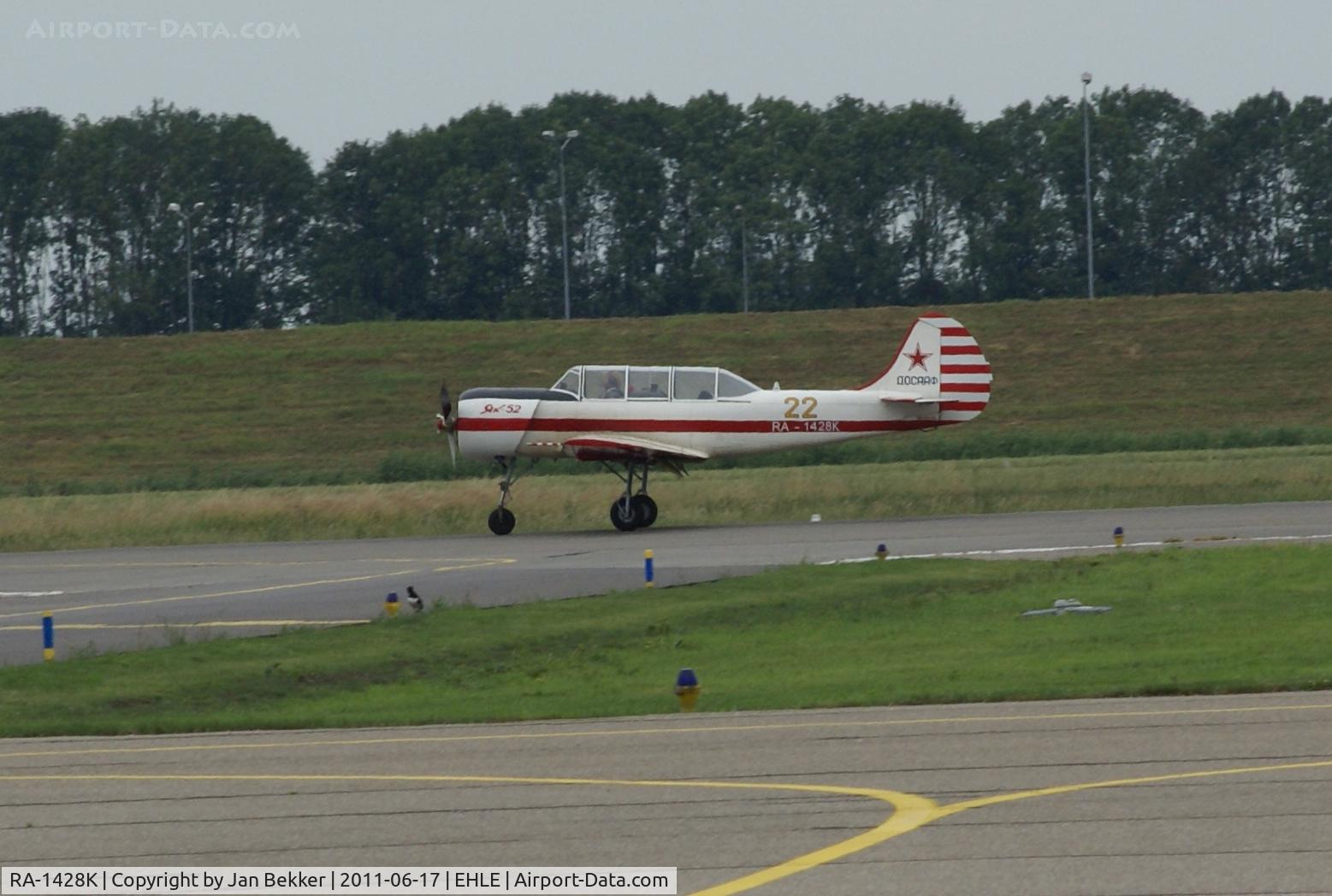 RA-1428K, 1990 Yakovlev Yak-52 C/N 9010410, On the runway at Lelystad Airport. Sadly it crashed August 2. 2011 near Lelystad Airport.