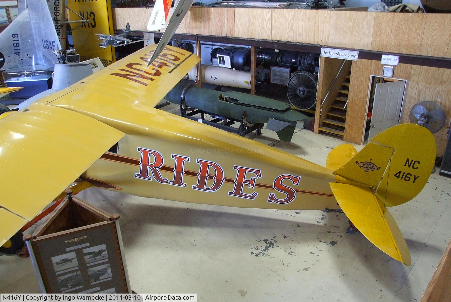 N416Y, 1930 Stinson SM-8A Junior C/N 4251, Stinson SM-8A Detroiter Jr. at the San Diego Air & Space Museum's Gillespie Field Annex, El Cajon CA