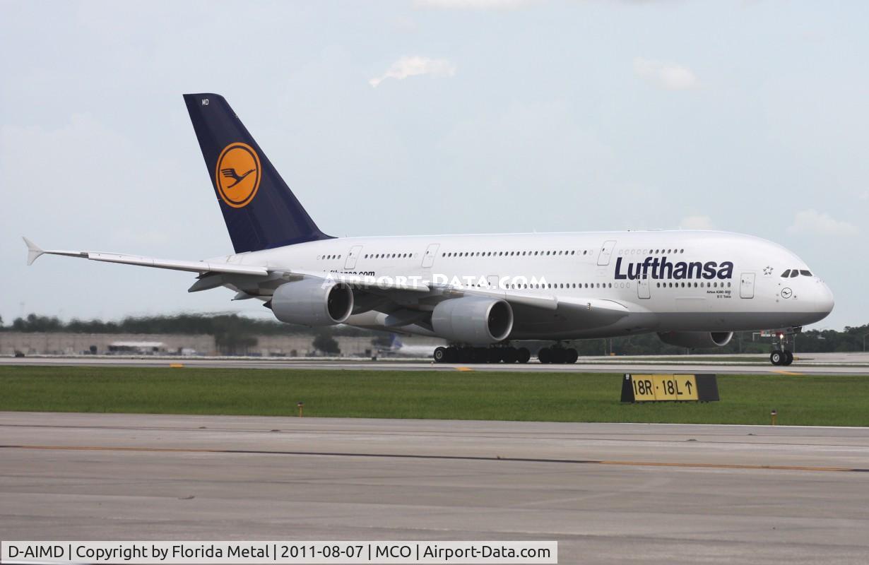 D-AIMD, 2010 Airbus A380-841 C/N 048, Lufthansa A380 rolling down the runway 18R