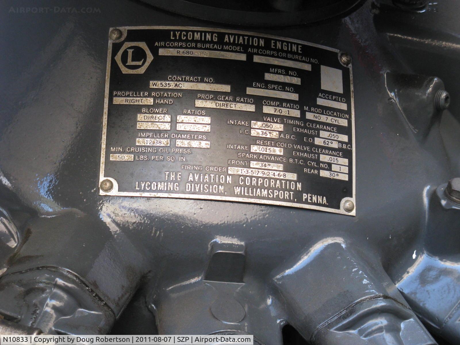 N10833, 1931 Stinson JR. S C/N 8027, 1931 Stinson JUNIOR S, Lycoming R-680-E 215 Hp 9 cylinder radial, engine data plate