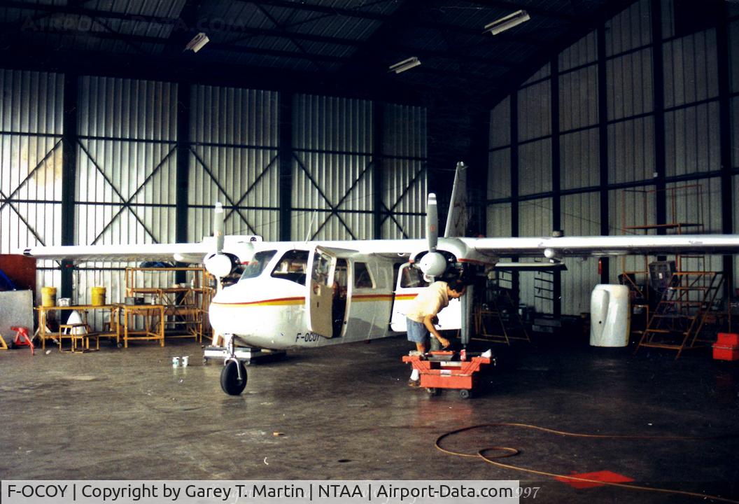 F-OCOY, Britten-Norman BN-2A-8 Islander C/N 131, Circa 1997 with Air Moorea in the maintenance hangar.