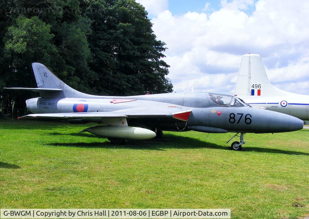 G-BWGM, 1955 Hawker Hunter T.8C C/N HABL-003008, Built as an F.4 but converted to a T.8 a few years later. Spending all its life with the RAF, XE665 served with 118 and 764 Squadrons and 237 OCU before retirement. CofA expired 24/06/1998, De-registered by CAA 16/03/2011