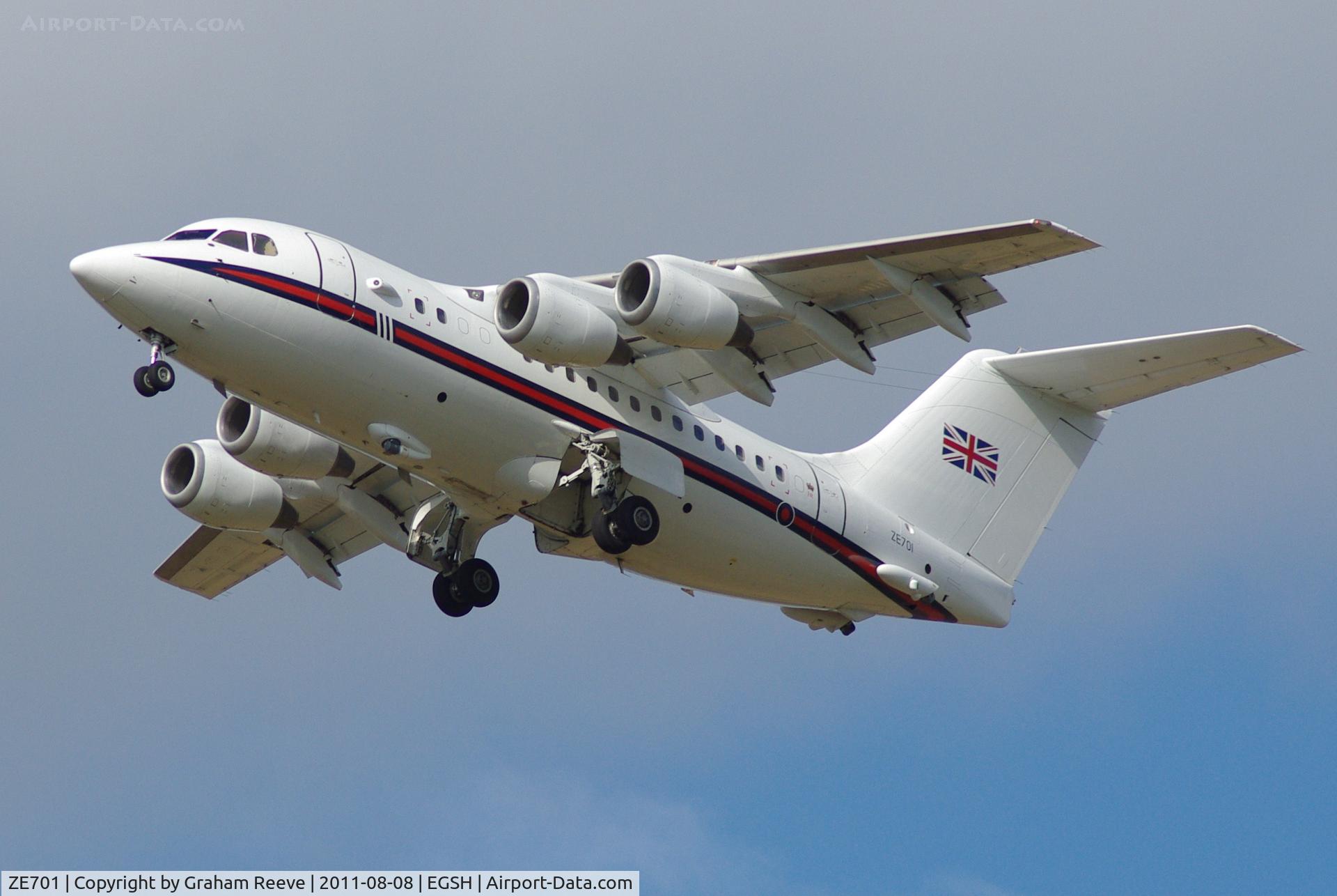 ZE701, 1985 British Aerospace BAe.146 CC.2 C/N E1029, Departing from Norwich.