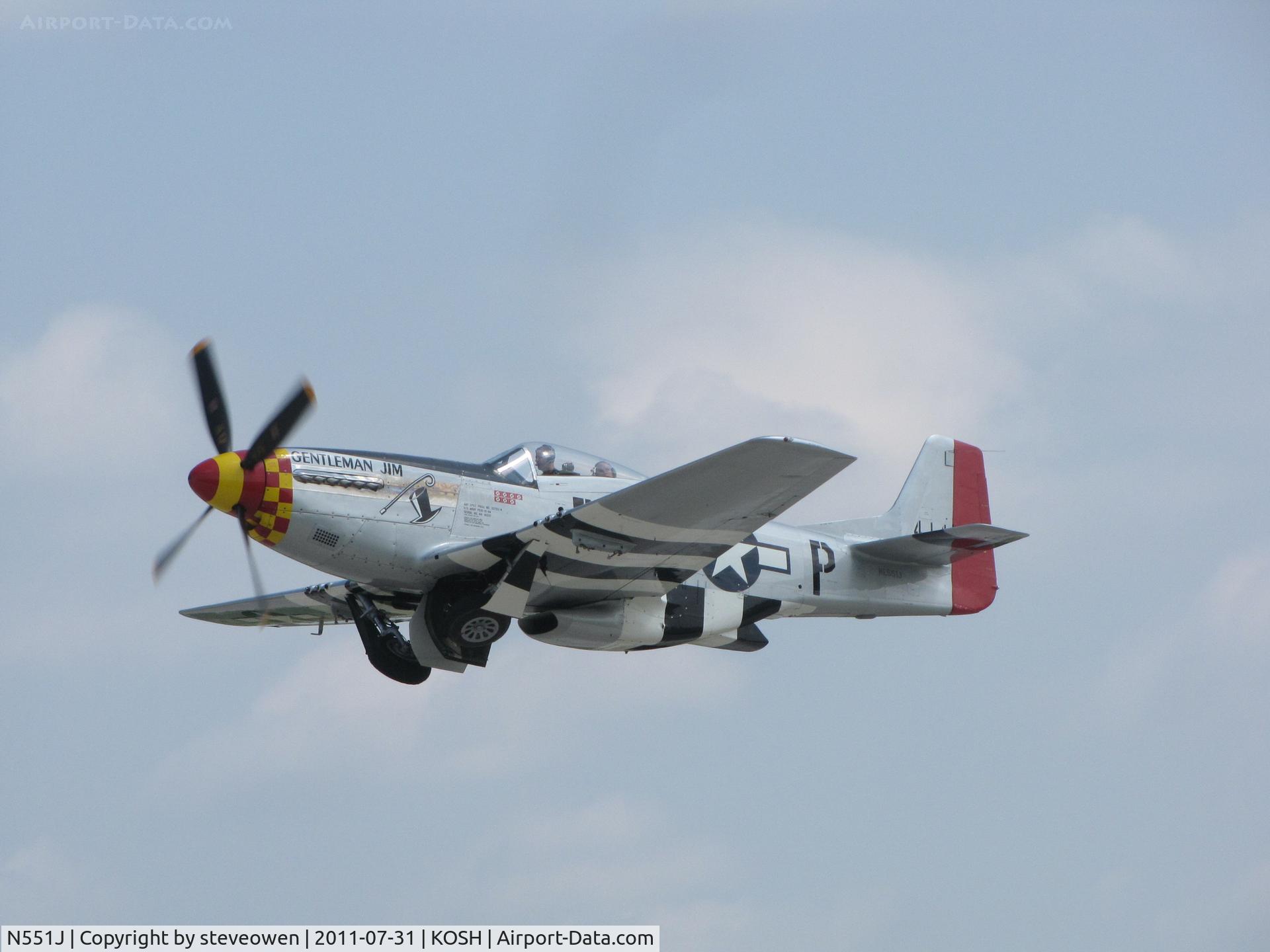 N551J, 1957 North American P-51D Mustang C/N 44-74230, Dpt rwy 27 during EAA Oshkosh 2011