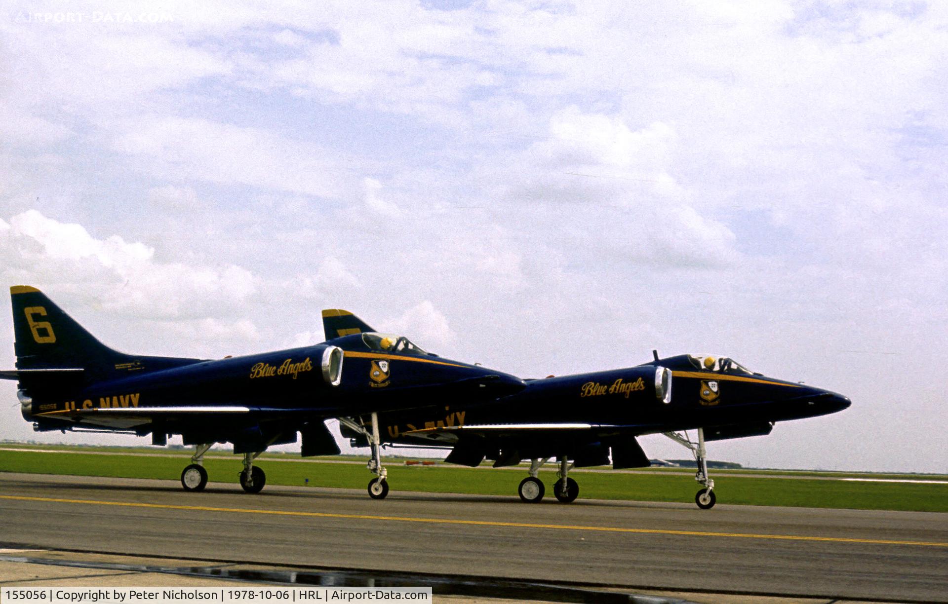 155056, Douglas A-4F Skyhawk C/N 13872, A-4F Skyhawk Blue Angels number 6 with Blue Angel number 5 154983 taxying to the active runway at rthe 1978 Confederate Air Force's Harlingen Airshow.