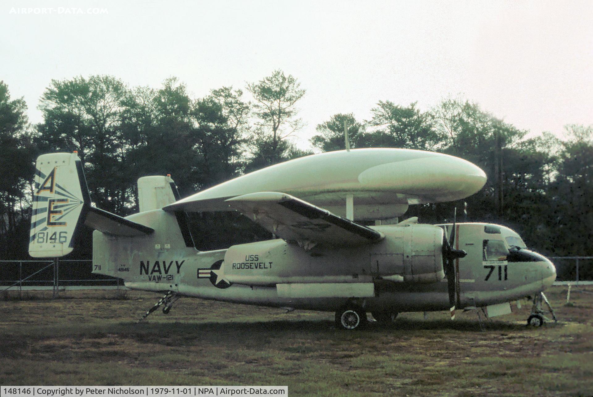 148146, Grumman E-1B Tracer (G-117) C/N 64, E-1B Tracer of Early Warning Squadron VAW-121 aboard USS Roosevelt as seen in November 1979 at the Pensacola Naval Air Museum.