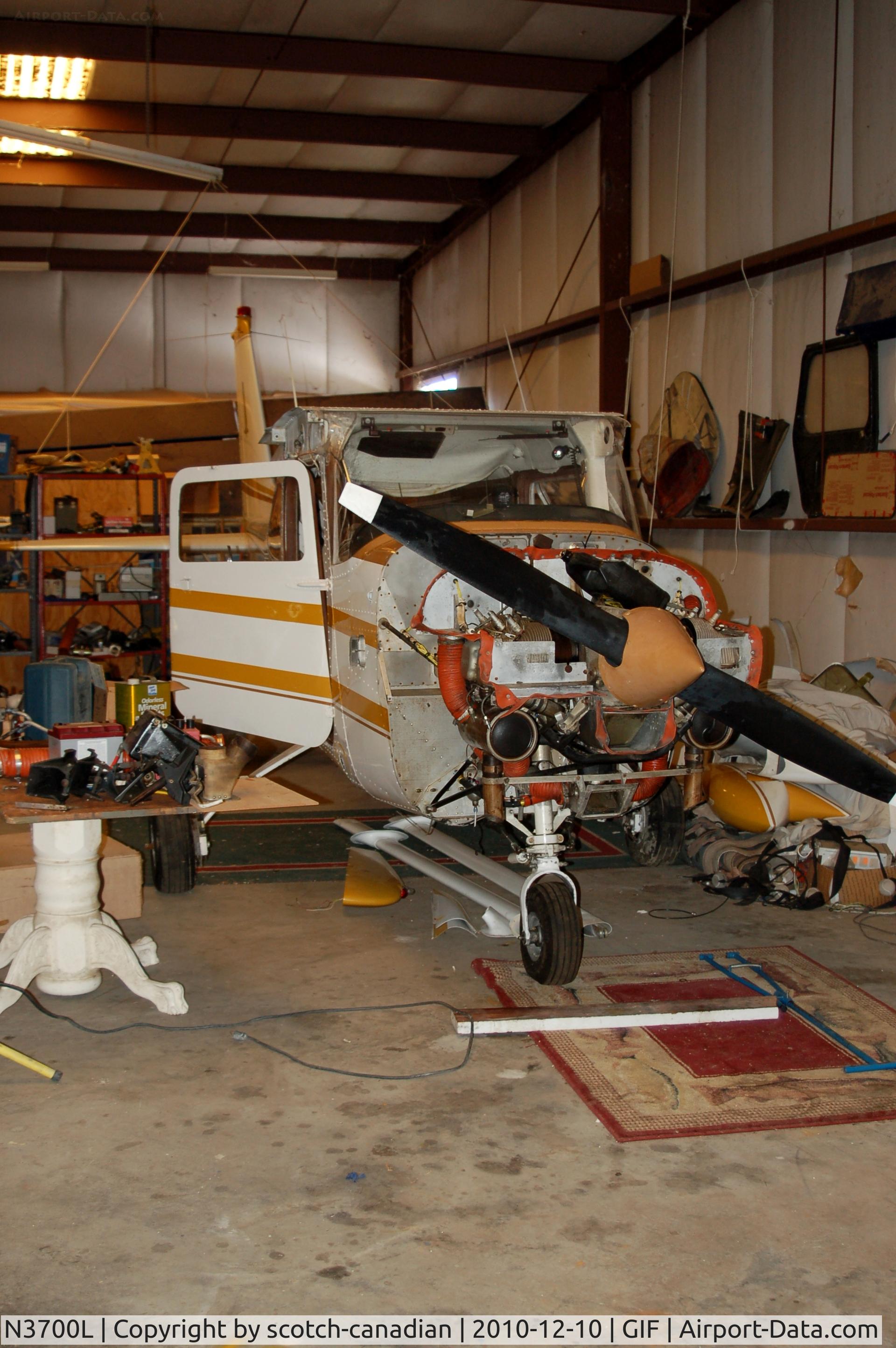 N3700L, 1965 Cessna 172G C/N 17253869, 1965 Cessna 172G, N3700L after running out of fuel and ditching in a Retention Pond in Auburndale, FL. Photo taken in a hangar at Gilbert Airport, Winter Haven, FL