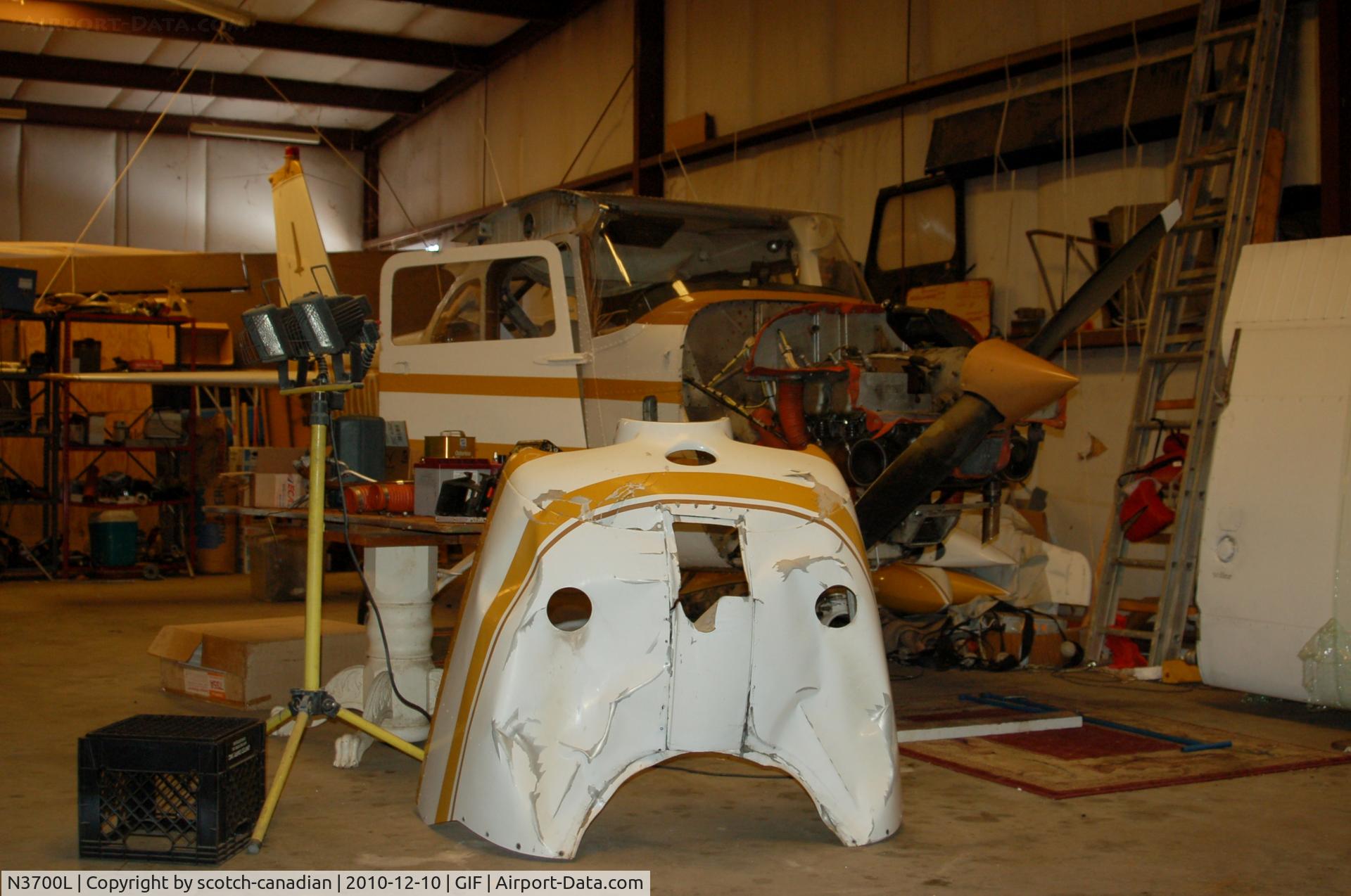 N3700L, 1965 Cessna 172G C/N 17253869, 1965 Cessna 172G, N3700L after running out of fuel and ditching in a Retention Pond in Auburndale, FL. Photo taken in a hangar at Gilbert Airport, Winter Haven, FL