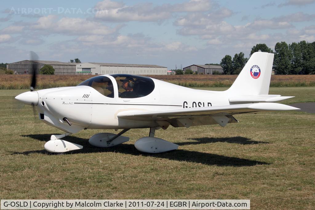 G-OSLD, 2000 Europa XS Tri-Gear C/N PFA 247-13641, Europa XS arrives at Breighton Airfield's Wings & Wheels Weekend, July 2011.