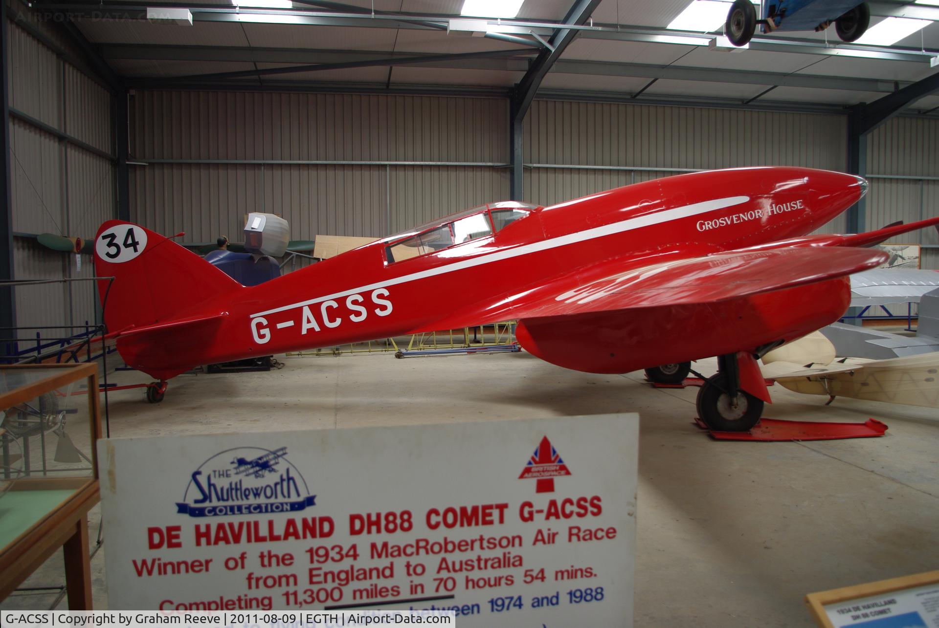 G-ACSS, 1934 De Havilland DH-88 Comet C/N 1996, On display.