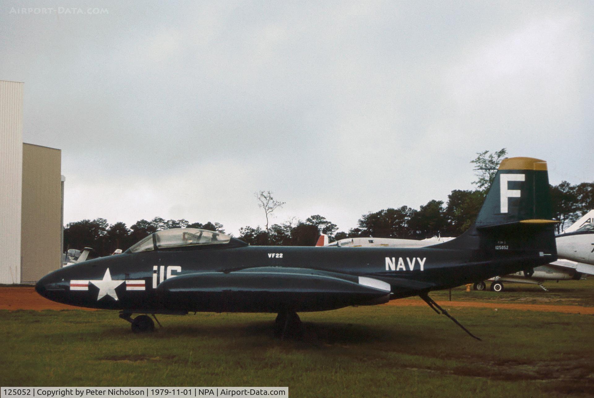 125052, McDonnell F2H-2 Banshee C/N 375, F2H-2 Banshee of Fighter Squadron VF-22 as displayed at the Pensacola Naval Aviation Museum in November 1979. Now displayed on the USS Lexington at Corpus Christi, Texas. 