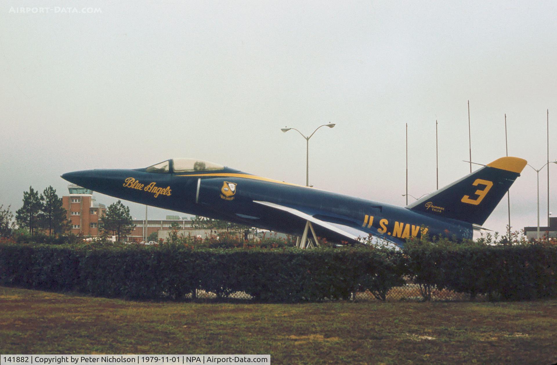 141882, Grumman F-11A Tiger C/N 199, F-11A Tiger in Blue Angels markings as gate guardian to Pensacola Regional Airport in November 1979.  Can any viewer supply the Bu. number for this aircraft please?