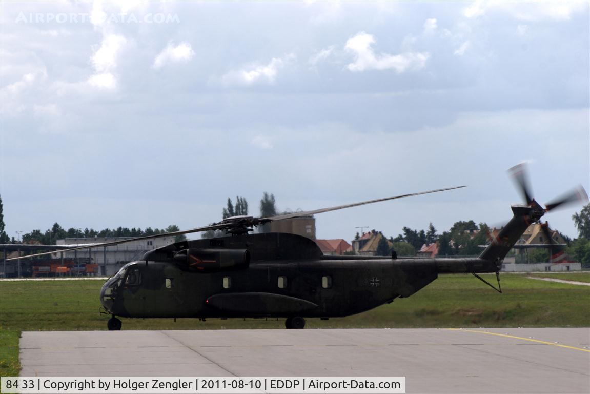 84 33, Sikorsky (VFW-Fokker) CH-53G C/N V65-031, GAF heli is departing from GAT and taxiing to two six left for a lift-off.