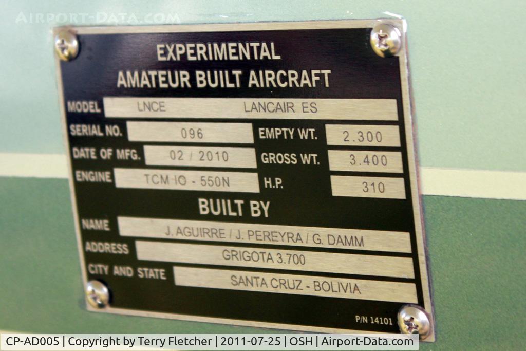 CP-AD005, 2010 Lancair Super ES C/N 096, Data plate from Bolivian registered Lancair Super ES at 2011 Oshkosh