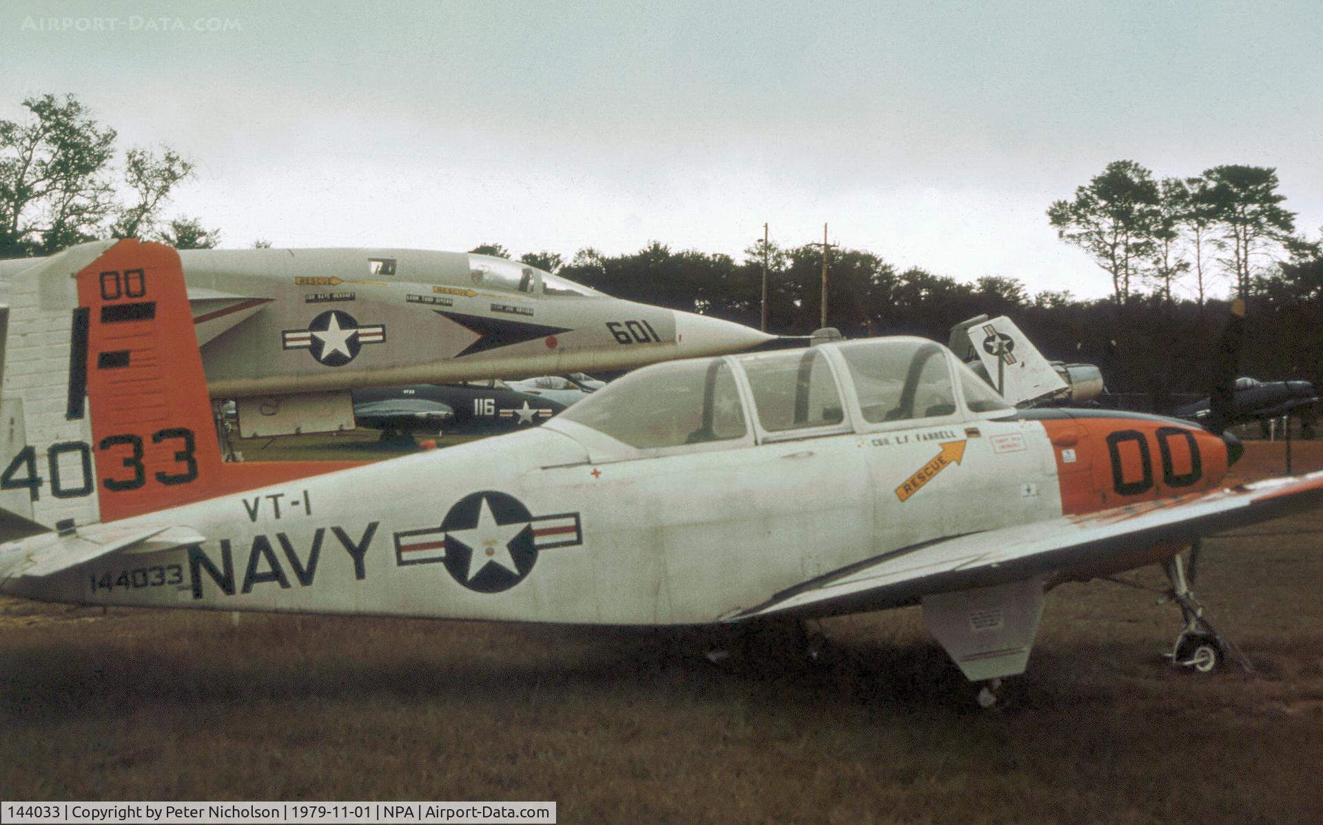 144033, Beech T-34B Mentor C/N BG-340, T-34B Mentor of Training Squadron VT-1 as seen at Pensacola Naval Museum in November 1979.
