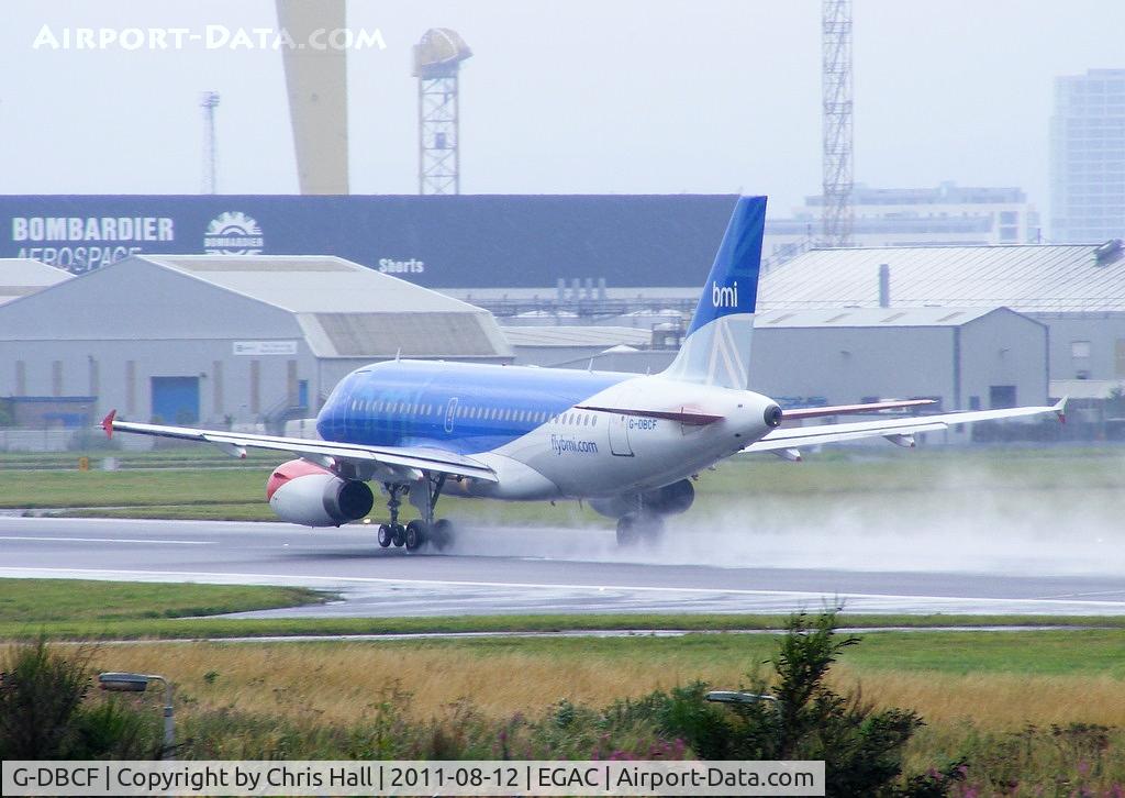 G-DBCF, 2005 Airbus A319-131 C/N 2466, BMI A319 departing from a wet runway at Belfast City Airport
