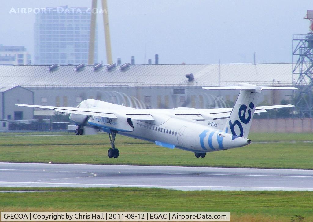 G-ECOA, 2007 De Havilland Canada DHC-8-402Q Dash 8 C/N 4180, nice swirls off the props as this flybe Dash-8 departs from Belfast City Airport