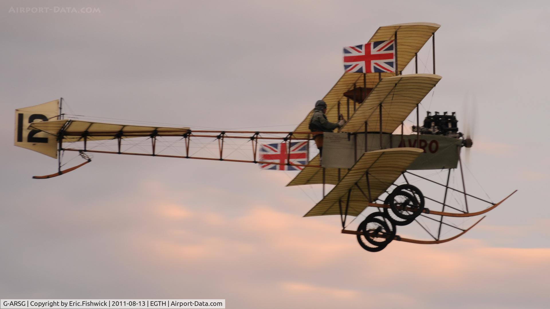 G-ARSG, 1964 Avro Roe Triplane Type IV replica C/N TRI.1, 42. G-ARSG sunset flying at a classic Shuttleworth Evening Air Display, August 2011