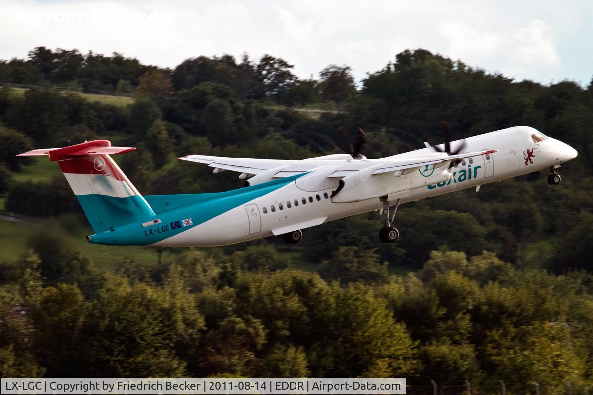 LX-LGC, 2007 De Havilland Canada DHC-8-402Q Dash 8 C/N 4162, departure to Munich, note the vortex generated by the propeller