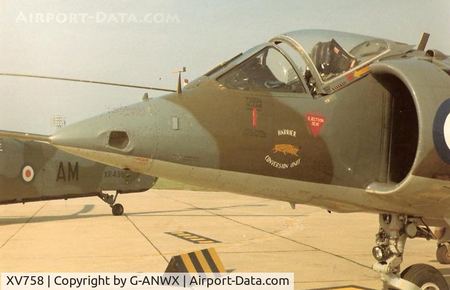 XV758, 1969 Hawker Siddeley Harrier GR.1 C/N 712021, Close up of nose showing the Harrier Conversion Unit logo.