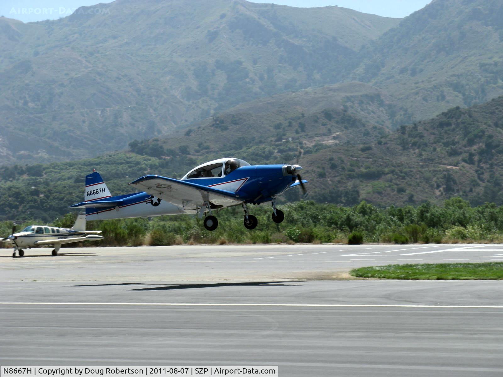 N8667H, 1947 North American Navion C/N NAV-4-667, 1947 North American NAVION, Continental IO-520 285 Hp upgrade, takeoff climb Rwy 22. Young Eagles Flight.