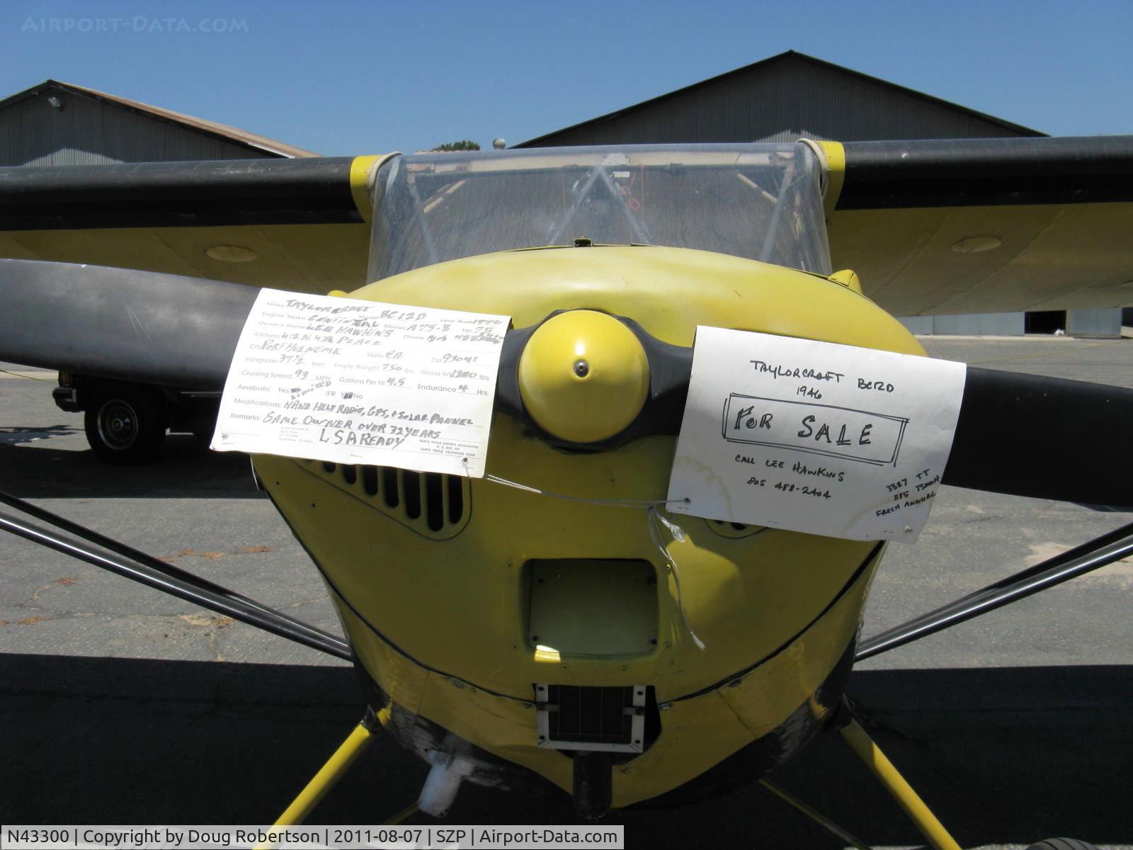 N43300, 1946 Taylorcraft BC12-D C/N 6959, 1946 Taylorcraft BC-12D TWOSOME, Continental A&C65 65 Hp, (Outflies a J3C-65 CUB on same horsepower). Owner died 22 Nov. 2011. Aircraft to be donated to Aviation Museum of Santa Paula.